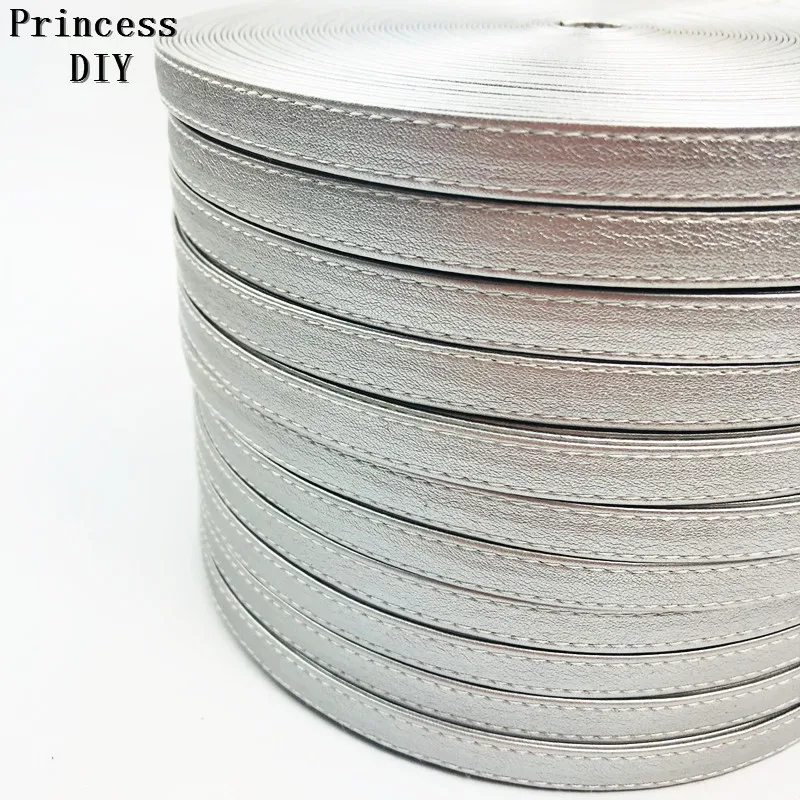 

5Meter/Lot 10mm 3/8'' PU Faux Leather Bias Silver Leather Ribbon with Stitching Tape Layering DIY Chocker Necklace Material