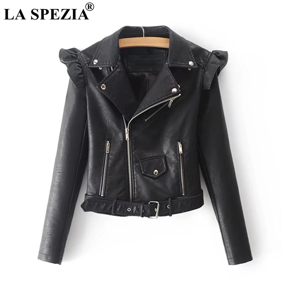 LA SPEZIA Faux Leather Jacket For Women Pink Zipper Jacket Female With Belt Pockets Rivet Irregular Biker Motorcycle Autumn Coat