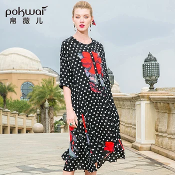 

POKWAI Midi Casual Dot Floral Summer Dress Women New Fashion High Quality Three Quarter Sleeve O-Neck Loose Dresses
