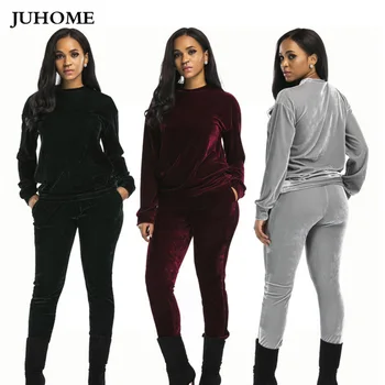

autumn winter thick Velvet jumpsuits for women 2020 long sleeve warm big size fitness 2 piece velours sets rompers big/plus size