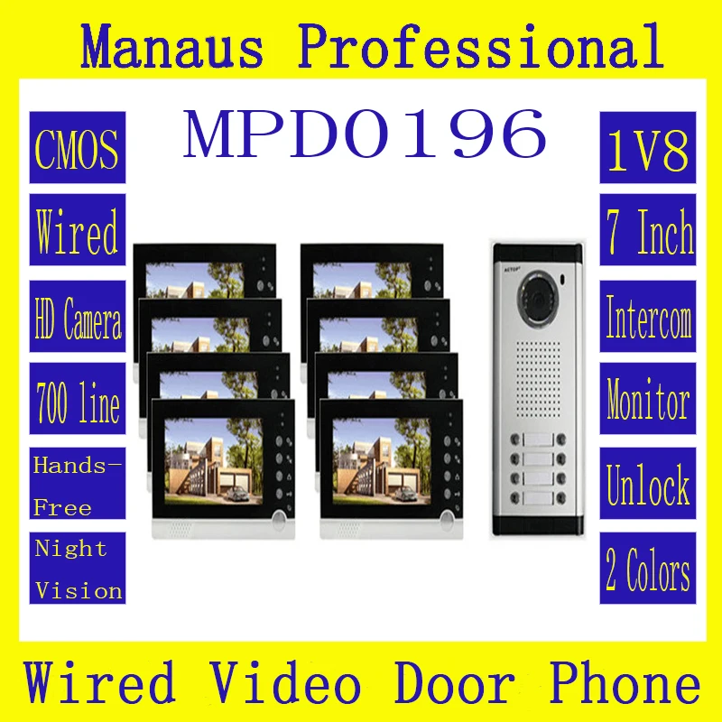 High Quality Smart Home 1V8 Intercom System One to Eight Video Doorbell 7 Inch Display 6 IR Lamps Cable Visible Interphone D196b
