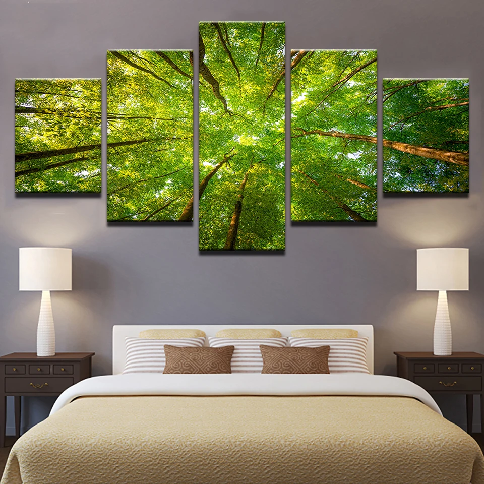 Домашний декор холст картины рамки HD печатает плакат 5 шт. зеленые солнечные леса картины с деревьями модульная гостиная стены искусства