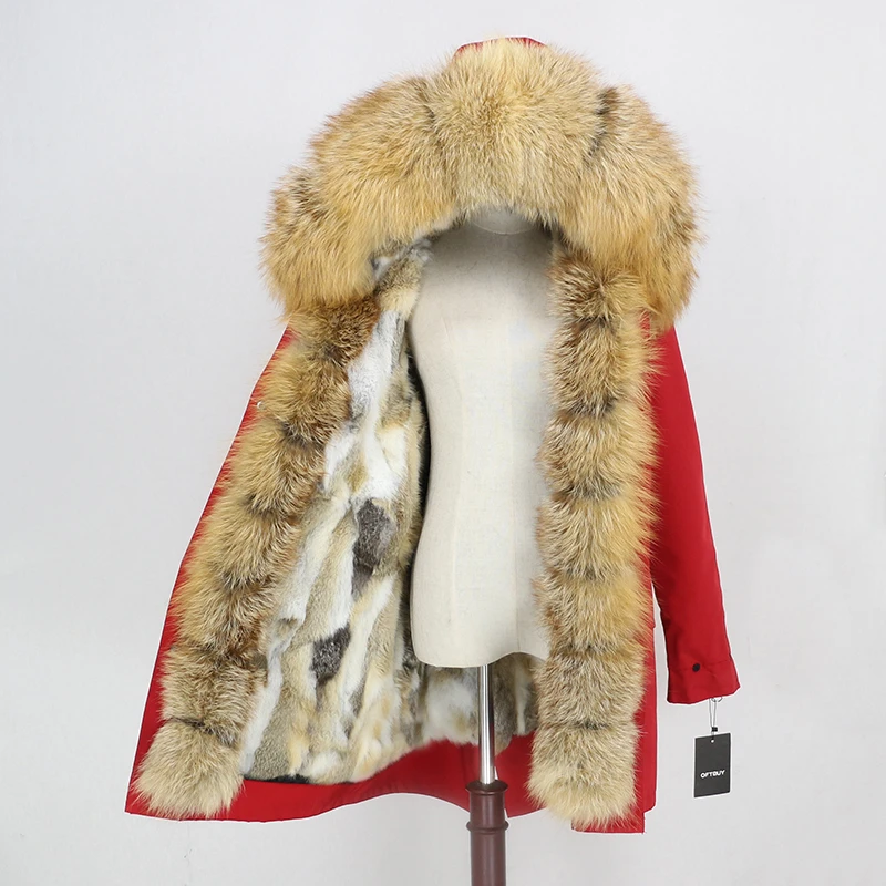 OFTBUY, пальто из натурального меха, зимняя куртка, Женская водонепроницаемая длинная парка, натуральный Лисий мех, воротник, капюшон, мех кролика, подкладка, верхняя одежда, съемная - Цвет: red gold
