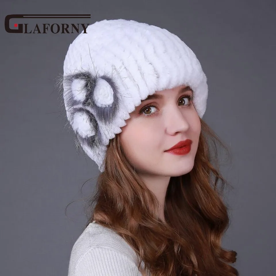Glaforny 2017 New Arrival Rex Rabbit Fur Hats with 3 Fur Flowers Women Warm Fur Beanies