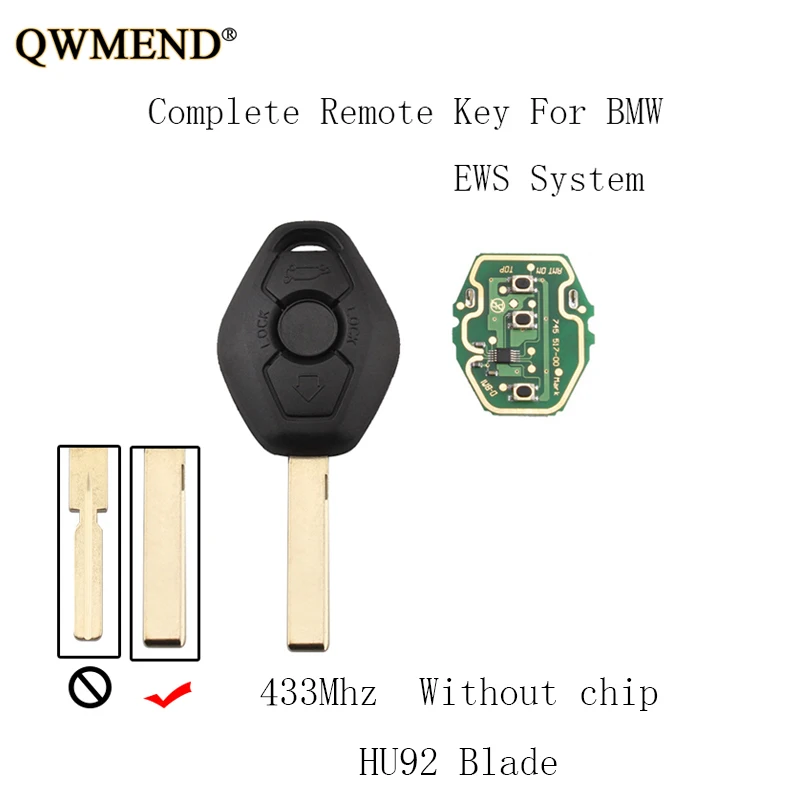 Qwmend 3 кнопки 433 Мгц дистанционный ключ "сделай сам" для BMW EWS X3 X5 Z3 Z4 1/3/5/7 серии 2002 2003 2004 2005 HU92 лезвие без чипа