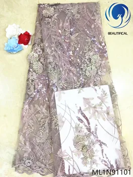 

BEAUTIFICAL African lace fabrics High quality embroidery sequins net lace fabric 3d appliques lace beads fabric 5yards ML1N911