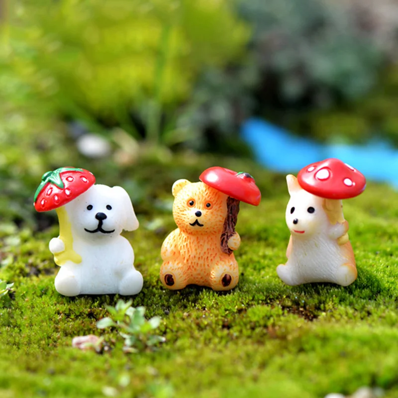 

3pcs/set Lovely Animal With Umbrella Micro Landscape Ornaments Resin DIY Assembly Cute Animals Garden Decoration Toys Cute Gifts