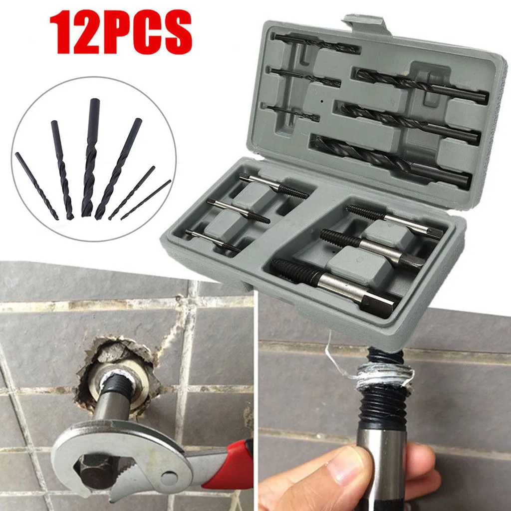 

12Pcs Screw Stud Extractor Remover Tools HSS Easy Out Rigid Screw Extractor Set Broken Bolt Stud Fastener Remover Drills
