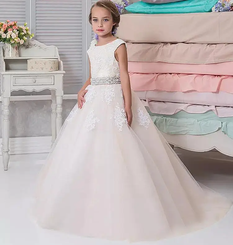 

High Quality Customized Flower Girl Dresses For Wedding With Lace Appliques Beaded Belt Little Girls Pageant Dress Custom