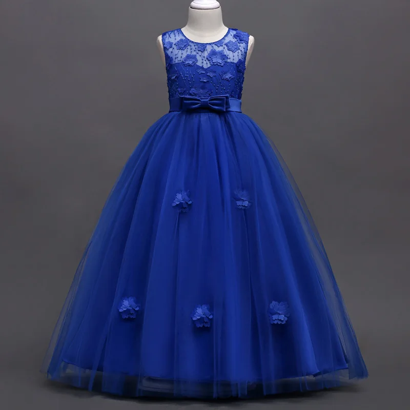 Детское Свадебное бальное платье с цветочным узором для девочек торжественное платье молодежное кружевное платье без рукавов с аппликацией на возраст от 4 до 14 лет ysar - Цвет: blue