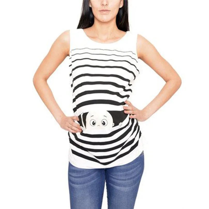 Для женщин мультфильм футболки Беременность одеждой печать ребенка по беременности и родам Круглый Вырез Топ без рукавов, жилет Беременность рубашка 4HJ - Цвет: white