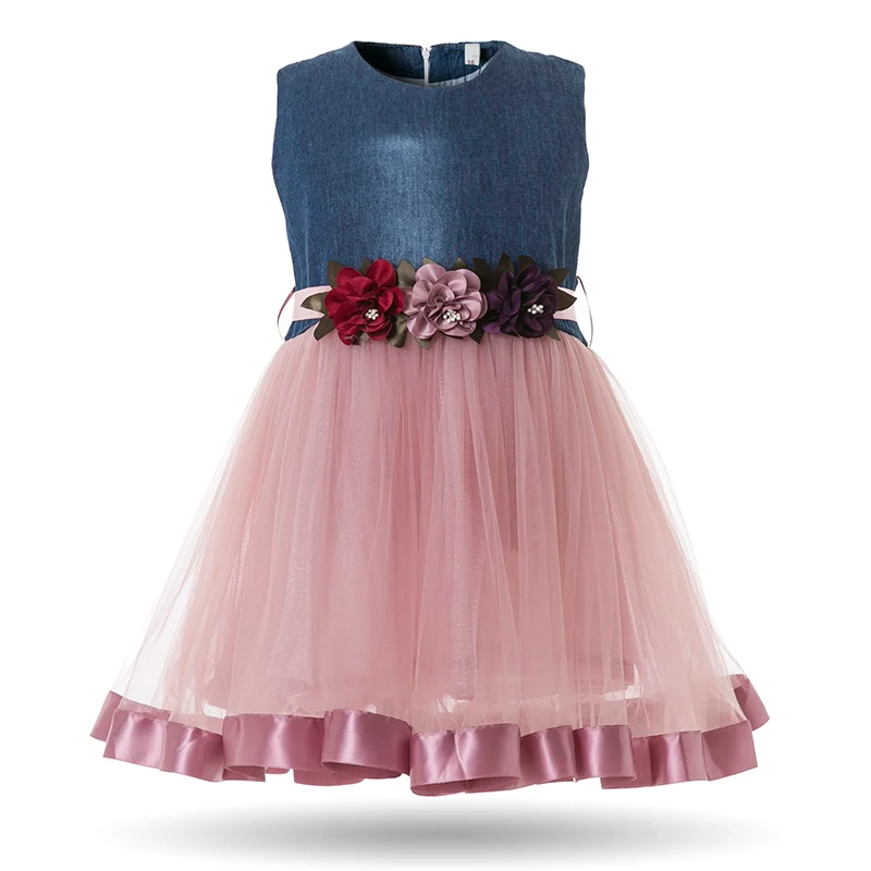 Cielarko/платье для маленьких девочек Детские Платья с цветочным рисунком для дня рождения; торжественное джинсовое фатиновое дизайнерское бальное платье; нарядное платье для маленьких девочек - Цвет: Pink