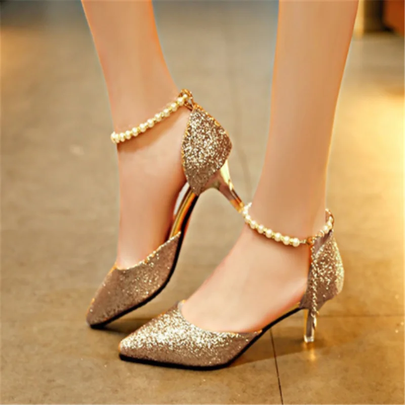 

Sexy Pointed toe Pearl High heels shoes Female Fashion hollow with Sandals Paillette of the Thin Breathable shoes Women Pumps