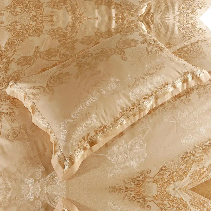 Waliicorners Comfy Bedding Froral Jacquard Satin and cotton King Queen size 4-pieces Bedding Set Luxury, Gray Golden Bedsheet/Fitted shet set 38 128