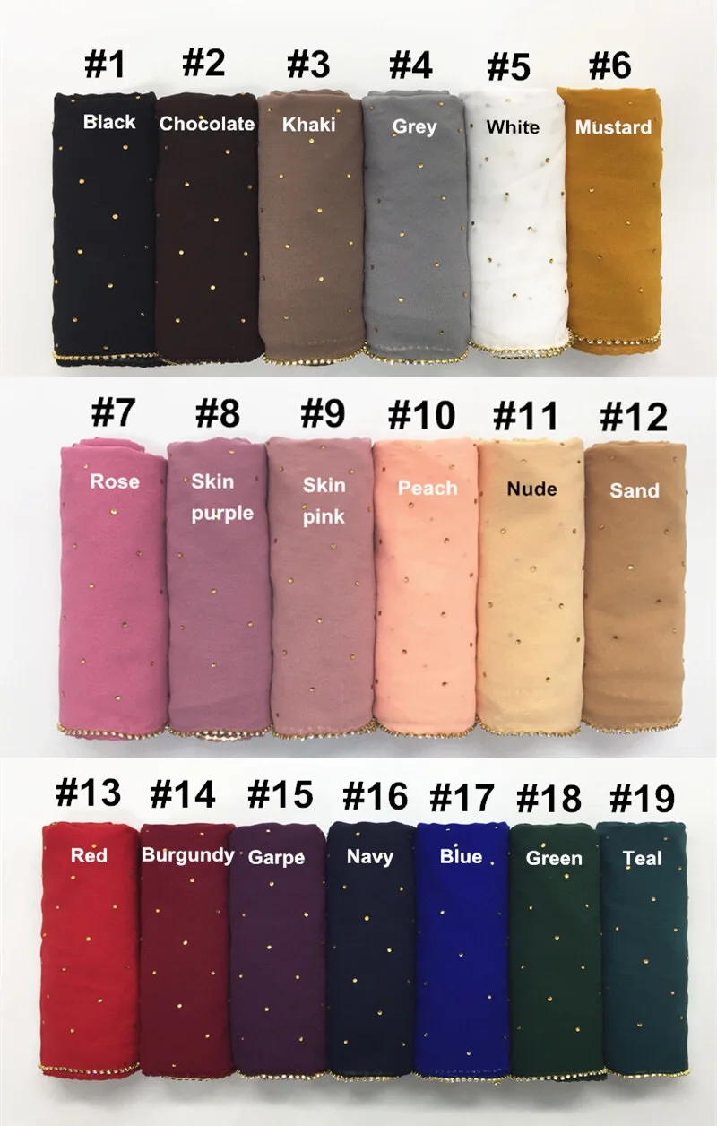 color 11 Дизайн мусульманские, однотонные Мягкие шифон хиджаб с цепочкой однотонное Цвет с сверкающим бриллиантом шали золото шарф, украшенный бисером - Цвет: color 11