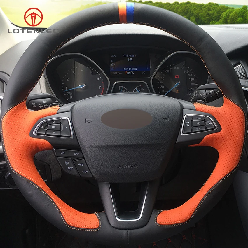 LQTENLEO Black Orange Leather Car Steering Wheel Cover for Ford Focus 3
