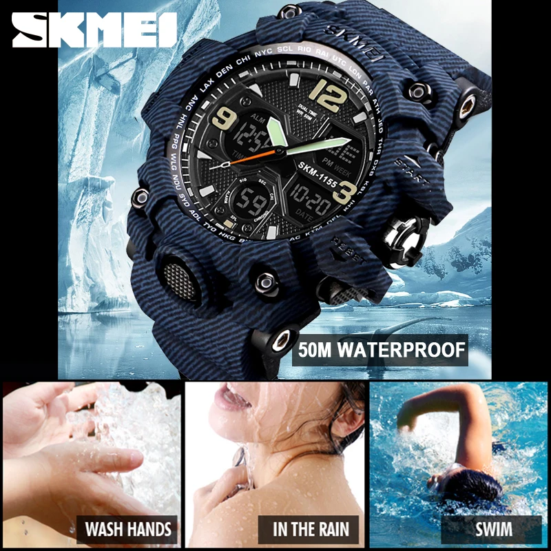 SKMEI Denim Dual Display Digital Watches Men Waterproof Outdoor Sports Watch Multi-function Military Wristwatches Relogios 1155B