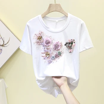 

New Loose Heavy Industry Flower Embroidered Sequined T-shirts Womens Tee Tops Short Sleeve T-shirt Students Summer Tshirt Femme