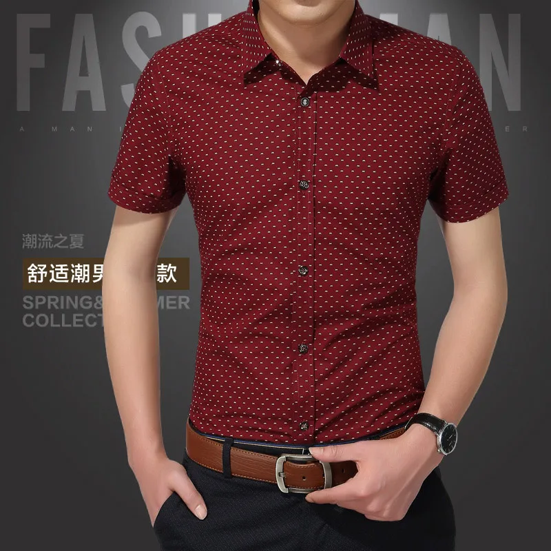 Хит летняя новая модная брендовая одежда мужская рубашка с коротким рукавом приталенная рубашка в горошек хлопок повседневные рубашки мужские M-5XL - Цвет: Wine Red