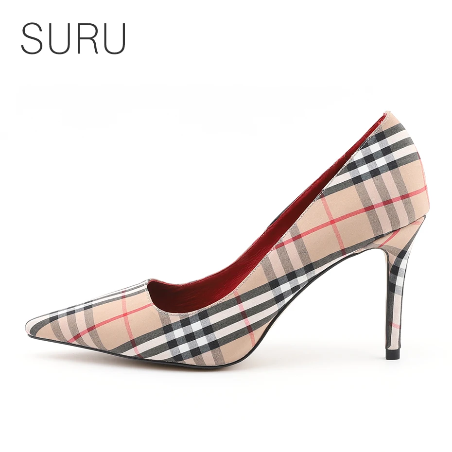 

SURU Plaid Stripe Pointed Toe Office Lady High Heels Women 85mm Thin heel Slip-on Dress Pumps Size EUR 34-39 blue / khaki