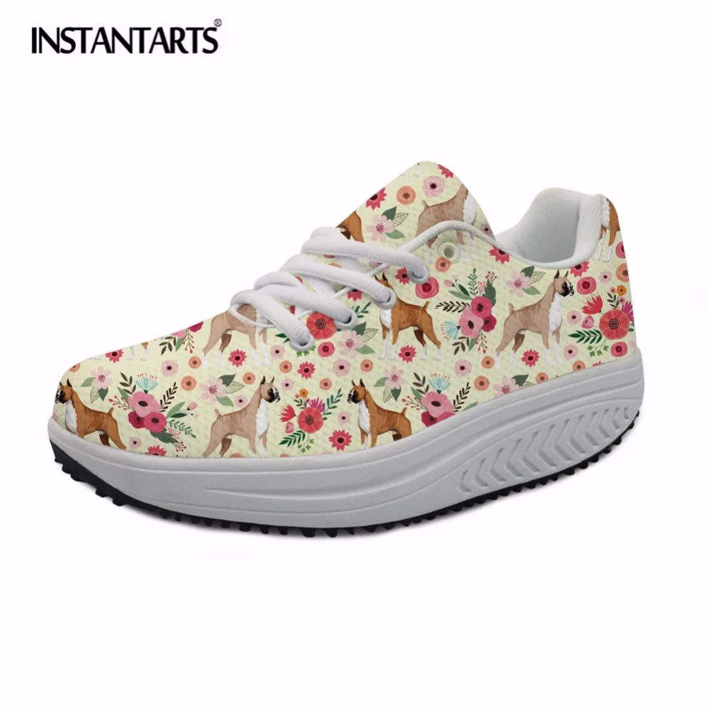 

INSTANTARTS Cute Boxer Flower Pattern Women's Flat Shoes Casual Lace up Flats Platform Shoes Fashion Girls Lady Slim Swing Shoes