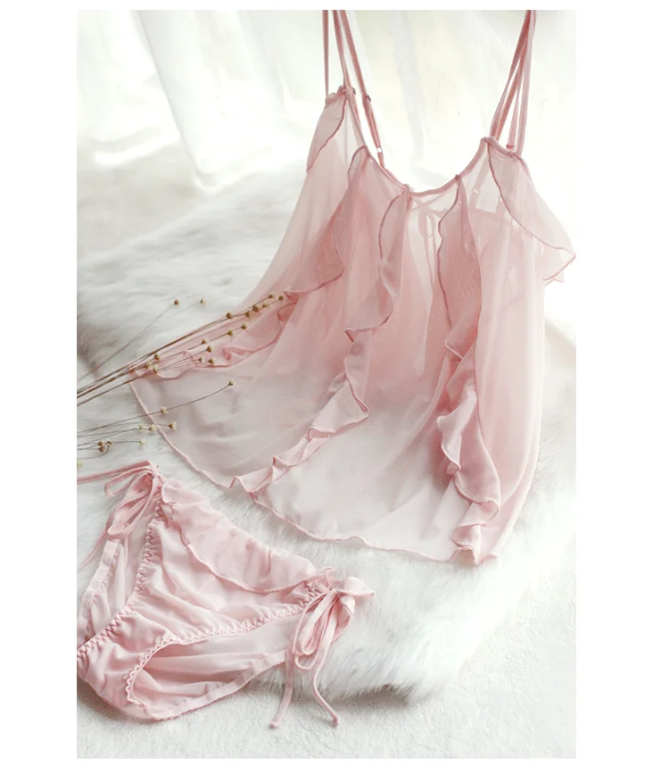 Свежие розовые пижамы женские крест-ремни сексуальные оборки Ультра короткие топы трусики пижамный комплект Ночная рубашка ночное белье костюм