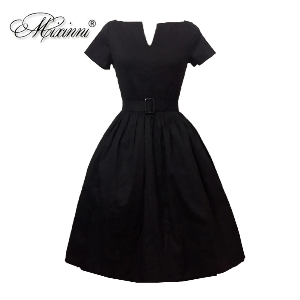 

MIXINNI cotton V neck Vintage women Dress with belt Vestidos Mujer Vestidos Dames Jurken