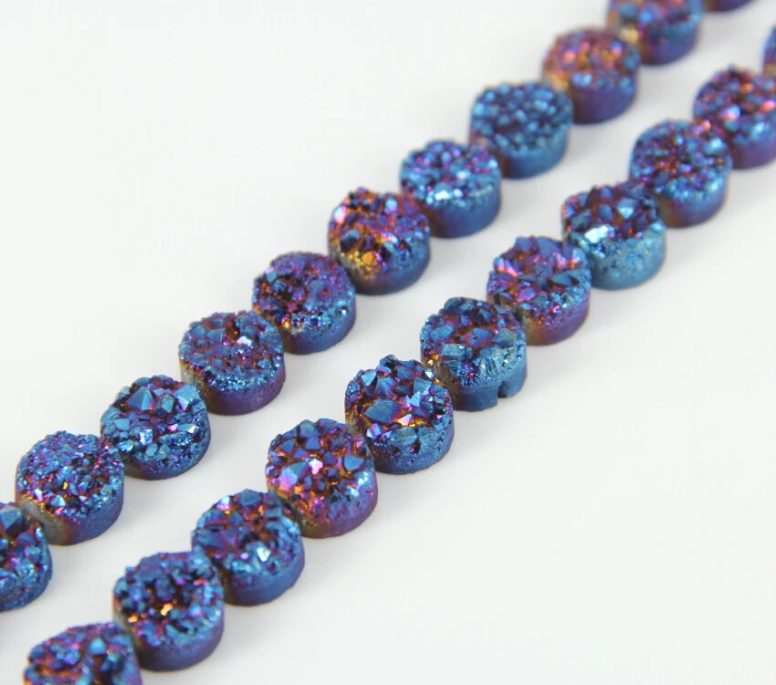 20pcs/str 10mm Natural Blue Purple Titanium Druzy Geode Flat Round Beads Pendants,Sparkly Drusy Raw Quartz Loose Beads Necklace