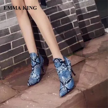 

EMMA KING New Zapatos Mujer Snake Print Pointed Toe Ankle Woman Boots Cool Shallow High Heels Night Club Party Woman Ankle Boot