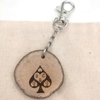 Queen of spades BBC swinger key chain natural ash rustic wooden burnt annual ring new in gift box KC031