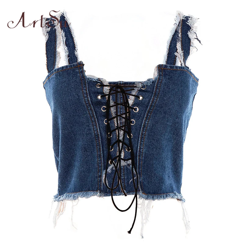 

ArtSu Blue Crop Tops Women 2019 Lace Up Sexy Denim Tank Top Women Off Shoulder Basic Top Streetwear Fashion ASVE20546