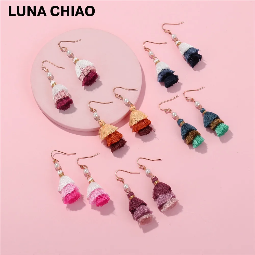 

LUNA CHIAO Mini Pine Tree Shape Color Block Layering Stacked Cotton Tassel Pearl Drop Earrings for Women