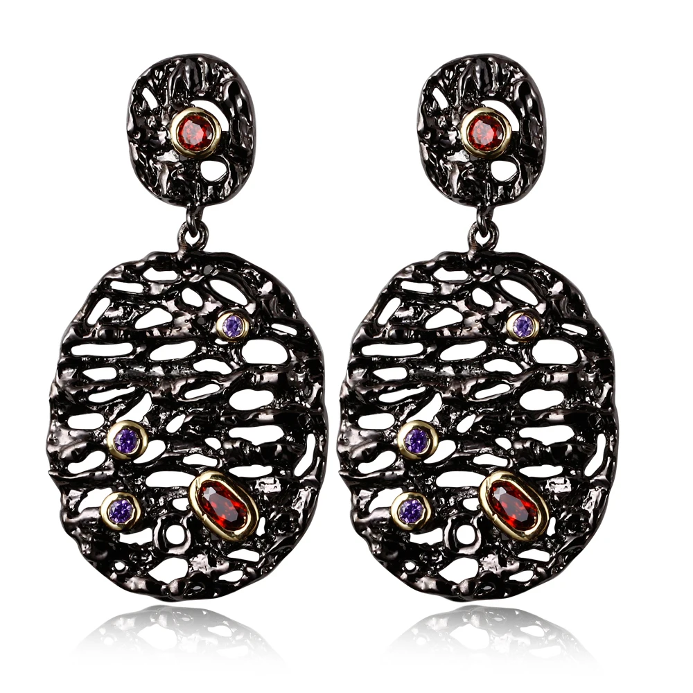 

Unique Ancient Looking Black Earrings For Women Big Dangling Earrings Contrast Gold-color Purple Red Cubic Zircon Setting