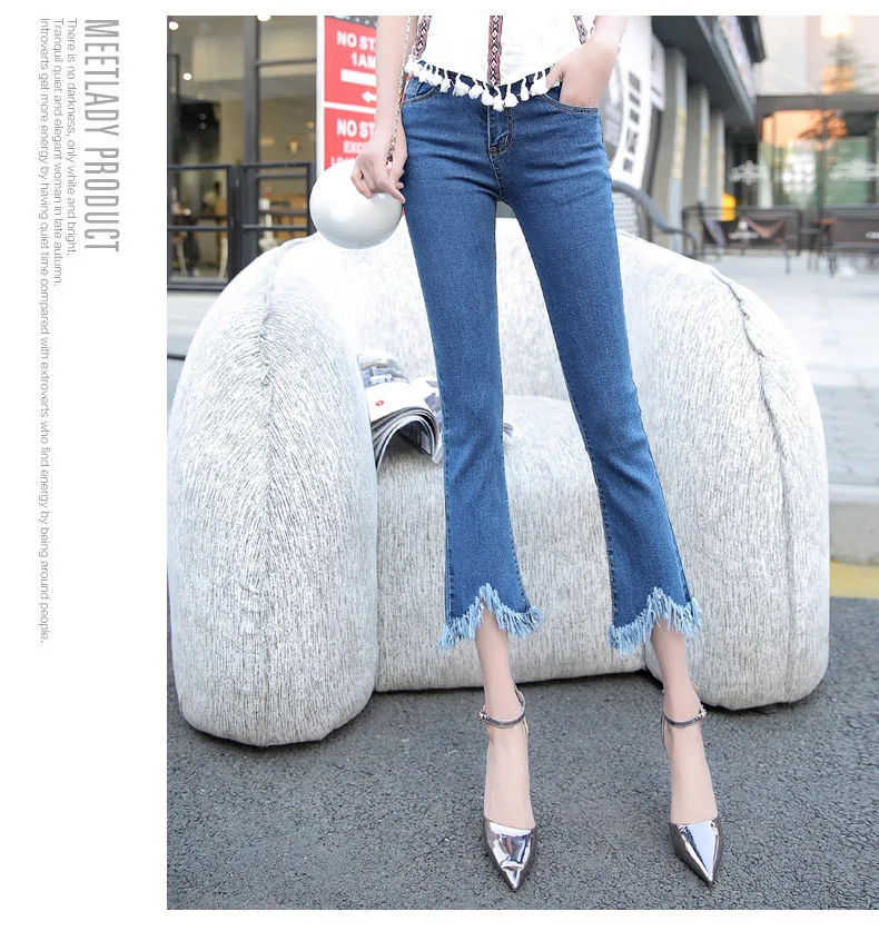 Moda femminile casuale nove punti dei jeans con frange Nappa pantaloni  Solido blu e nero Solido era sottile femminile cowboy Pantaloni  Svasati|flare pants|tassel pantsfashion pants - AliExpress