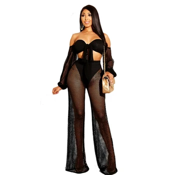 

Summer 2019 Sexy Off The Shoulder Crop Top and Pants Two Piece Set Tracksuit Women Club Hollow Out 2 Piece Sets Womens Outfits