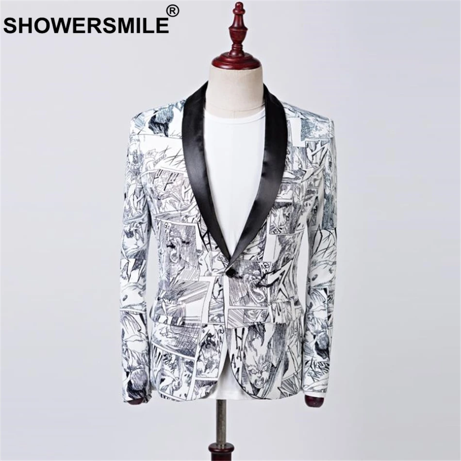 

SHOWERSMILE Singer Blazer Men Fashion Print Suit Jacket Dj Club Stage Singer Costume Party Spring Autumn Slim Fit Male Coat