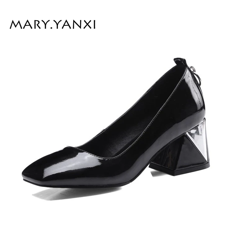 

Women Shoes Pumps Genuine Leather Slip-on Solid Metal Decoration Casual Fashion High Heels Square Toe Shallow Plus Size Non-slip