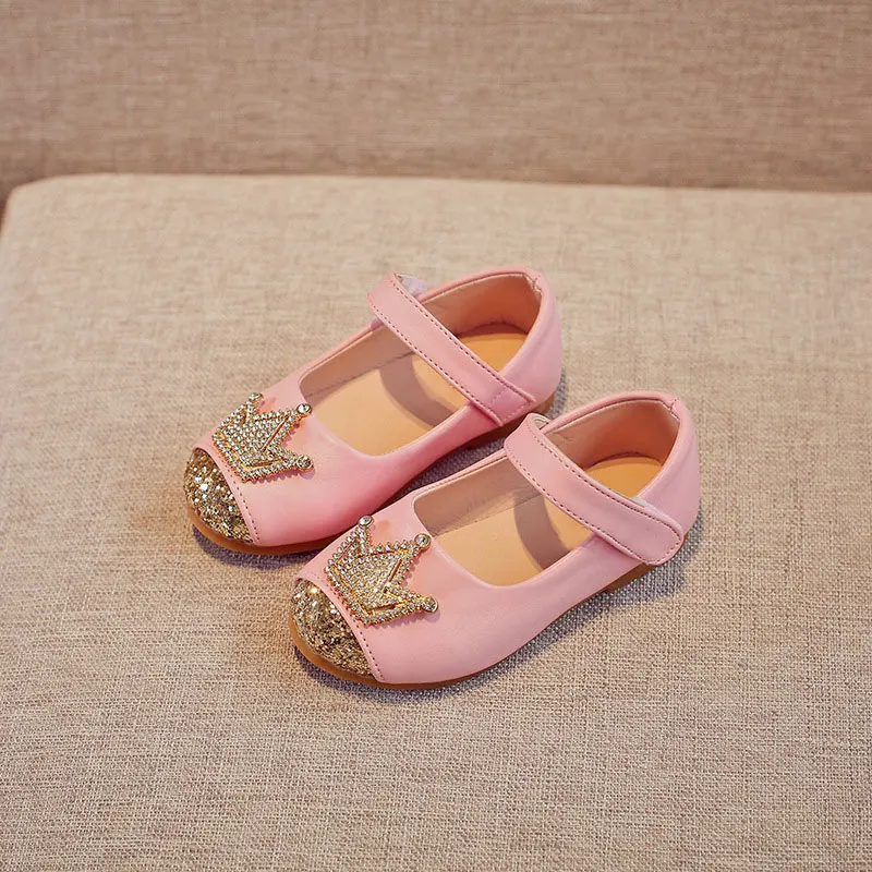 Spring Kids princess Leather Shoes For Girls Children Girl Wedding Shoe Gold Black Crown Sequins Baby Girls Footwear