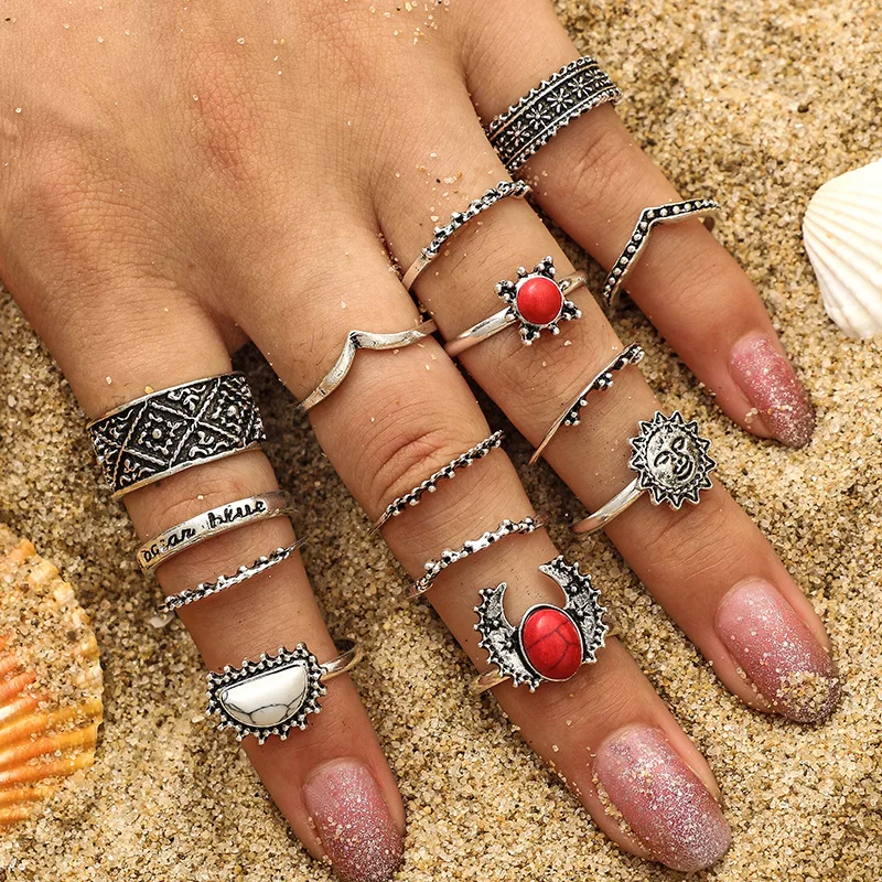 

Natural Stone Bohemian Knuckle Rings for Women Vintage Totem Alloy Silver Ring Sets for Fingers Anillo Mujer