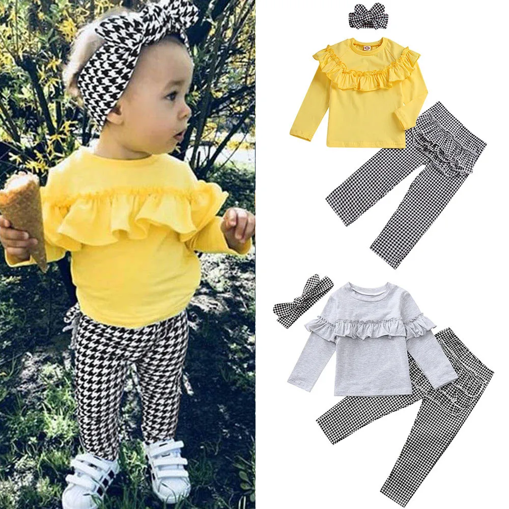 Telotuny Toddler girls clothes sets Cotton long Sleeve Solid Ruffle