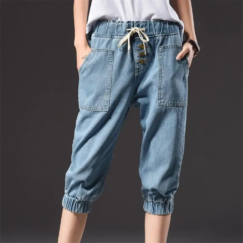 Летние женские рекламные легкие и темно-синие джинсовые шорты с высокой талией эластичные свободные джинсовые Капри