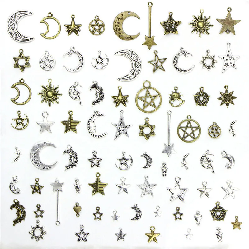 

73Pcs/Set Mixed Silver Antique Bronze Handmade Charms Moon Star Sun Charm Pendants For DIY Jewelry Making Accessories