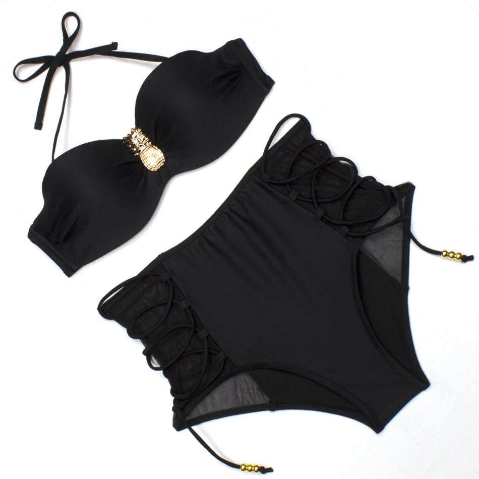 ESSV черный комплект бикини с высокой талией пуш-ап женский купальник ананас купальник с покрытием под металл сексуальный бандо летний купальный костюм Пляжная одежда