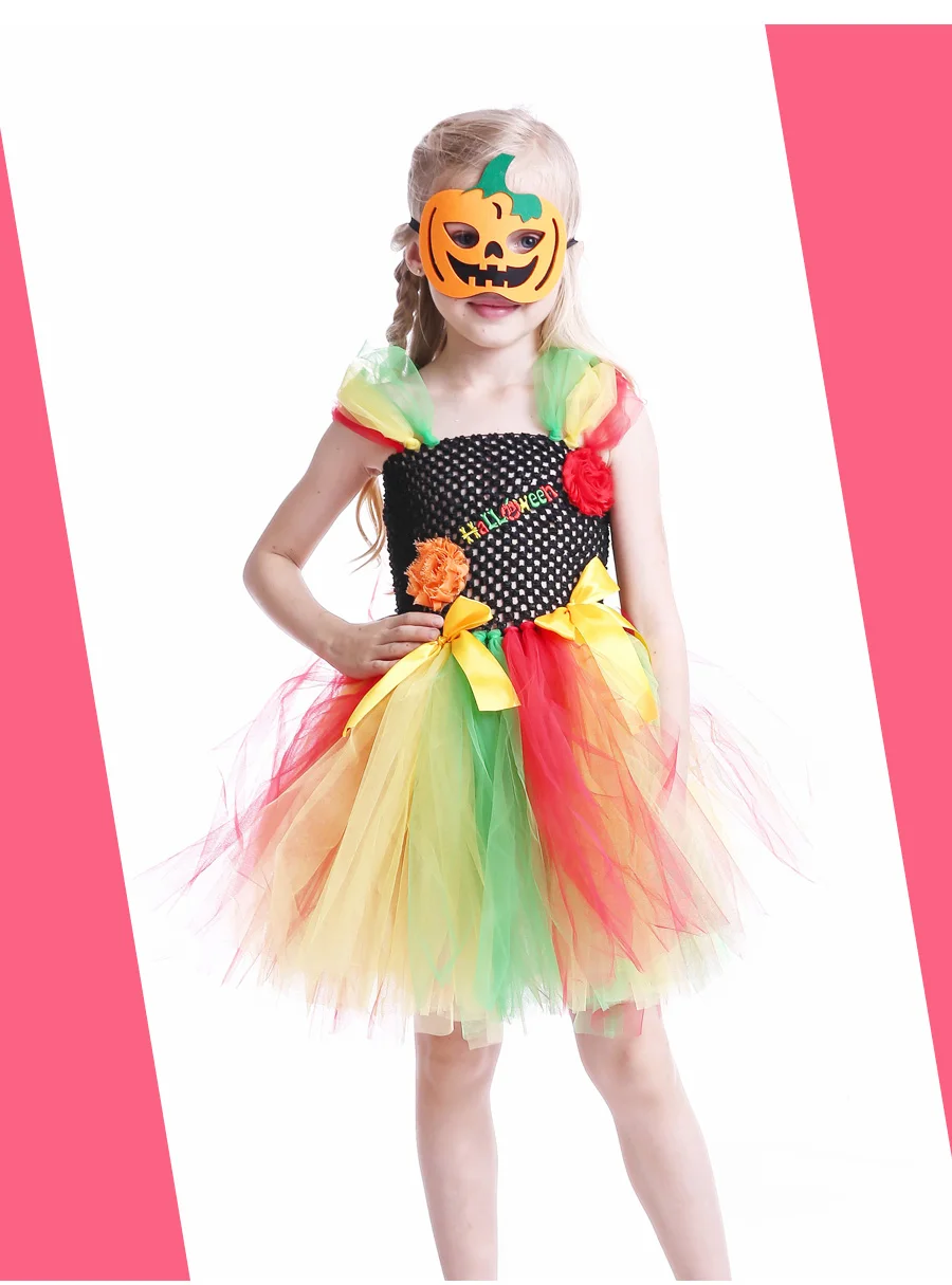 Rainbow Style Girls Halloween Tutu Dress with Pumpkin Mask Handmade Kids Birthday Dress Baby Girl Cosplay Costume Vestidos (2)