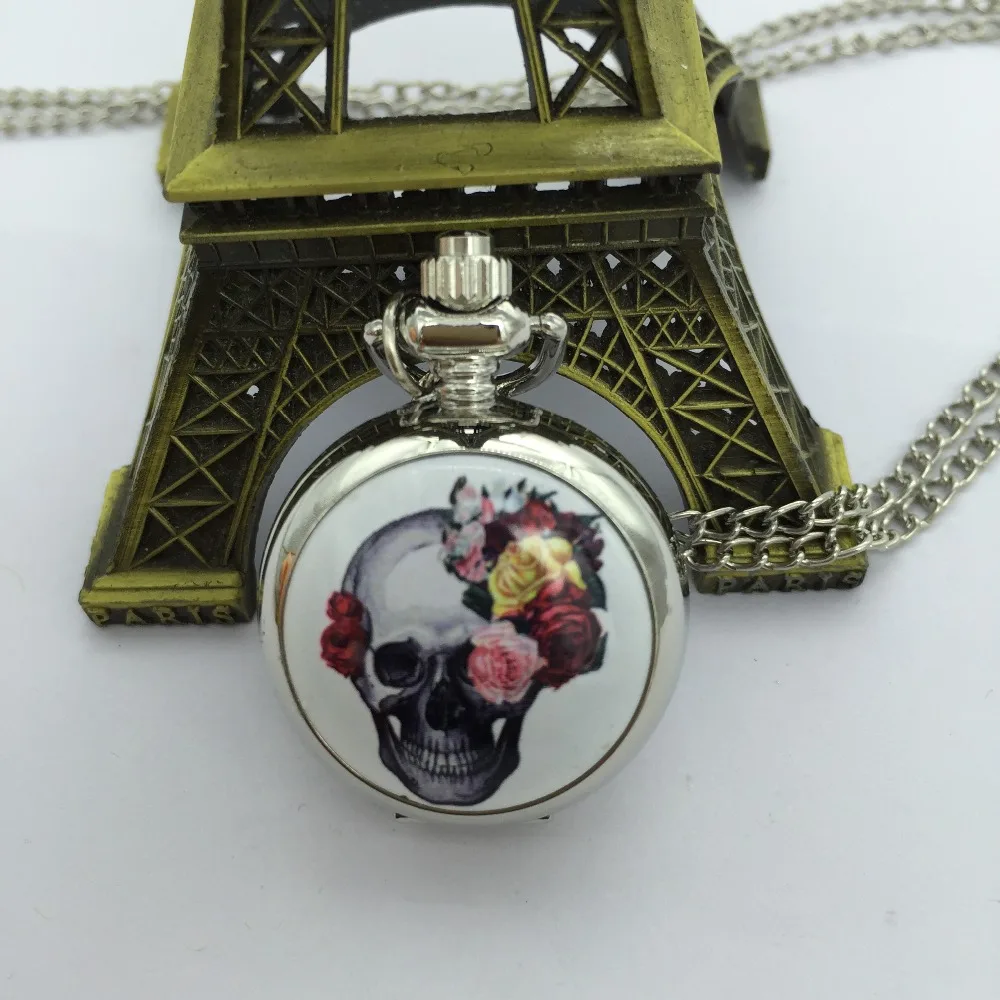 Модные череп розы серебро карманные часы мужские и женские часы Pandent с ожерельем PMB364