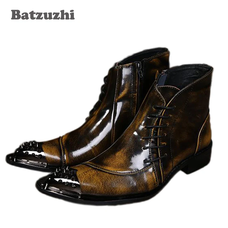 Мужские ковбойские ботинки Batzuzhi коричневые кожаные с острым металлическим