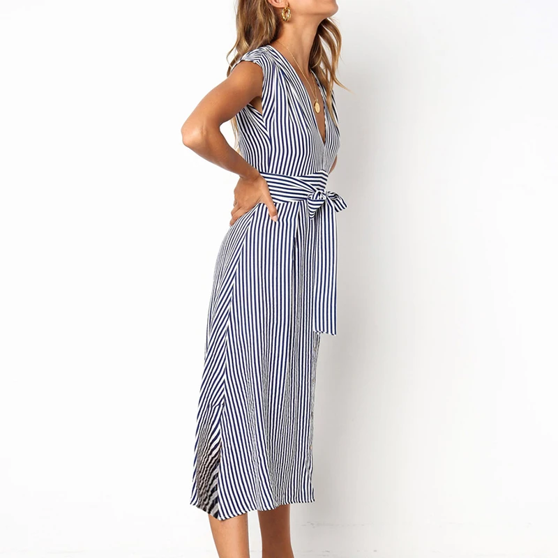 Women's Striped Mid-Calf Dress New Fashion Button Sexy V-Neck Short Sleeve Dresses Vestidos Female Casual Daily Party Sundress