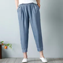 Женские весенние свободные штаны-шаровары с эластичной резинкой на талии больших размеров женские летние джинсы длиной до щиколотки с тонким тенселем женские брюки