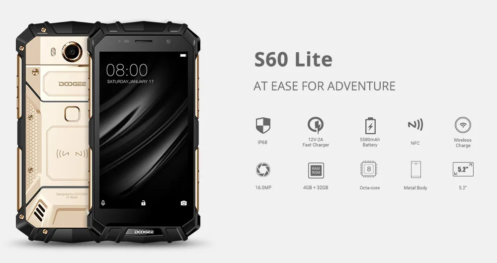 DOOGEE S60 Lite IP68 водонепроницаемый мобильный телефон 5," 4 ГБ 32 ГБ Android 7,0 отпечаток пальца 16,0 Мп 4G LTE Face 5580 мАч смартфон