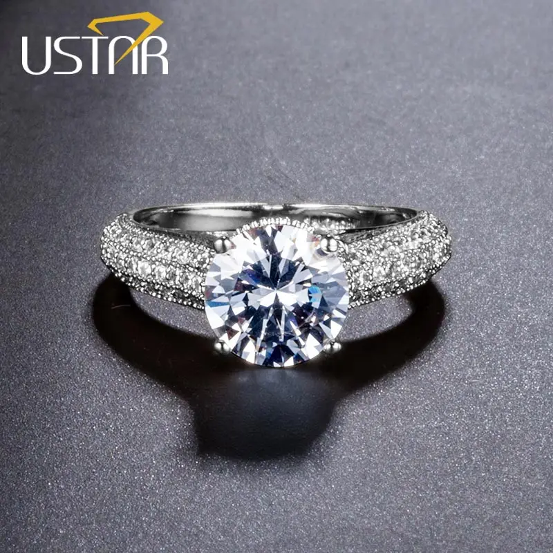 USTAR 1.25ct 7mm AAA Zircon wedding Rings for women Jewelry Rose Gold color Crystals engagement rings female Anel top quality